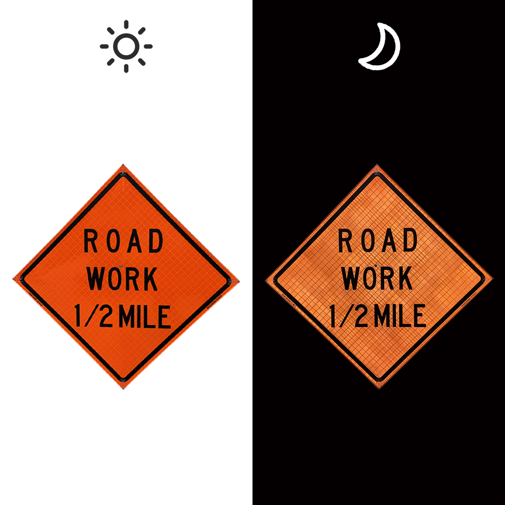 48 Inch Reflective Road Work 1/2 Mile Roll Up Traffic Sign - 